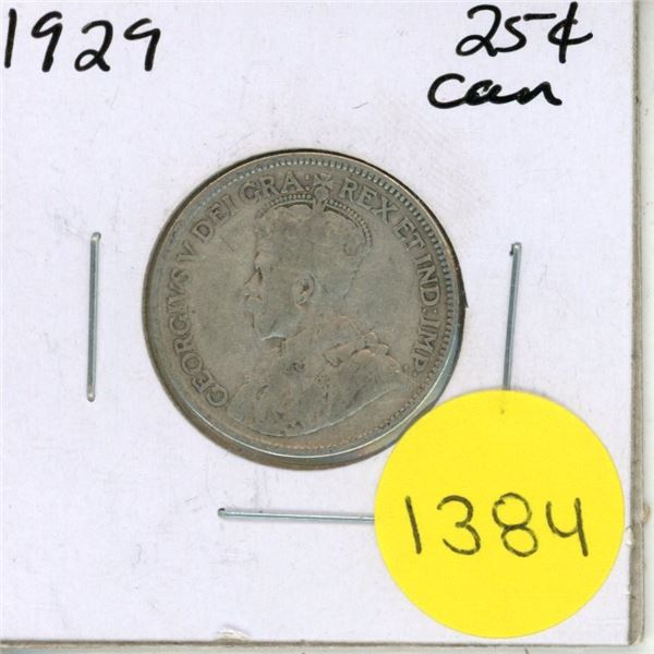 1929 Canadian Silver Twenty Five Cents