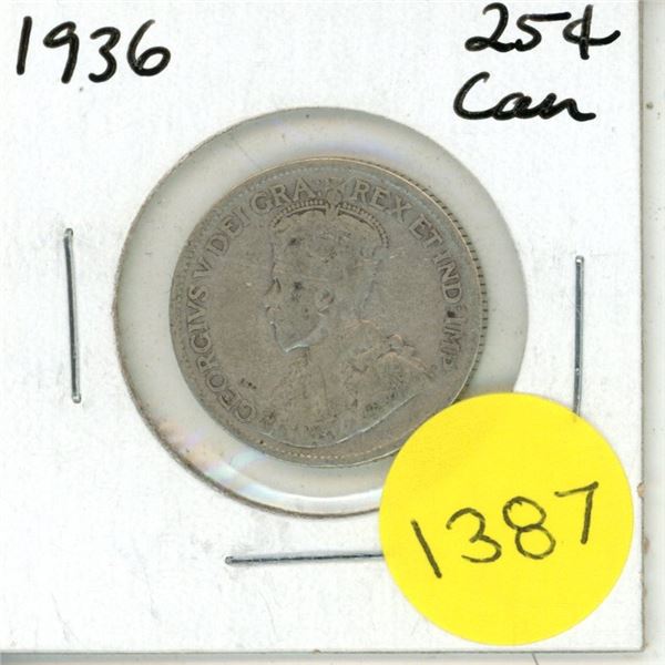 1936 Canadian Silver Twenty Five Cents