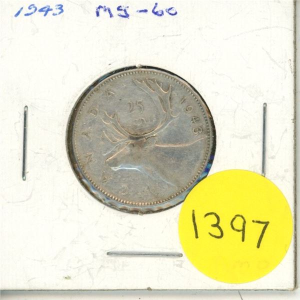 1943 Canadian Silver Twenty Five Cents
