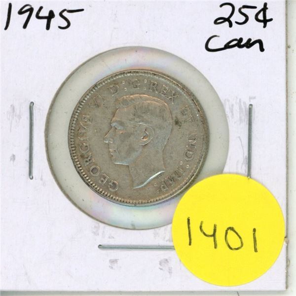 1945 Canadian Silver Twenty Five Cents