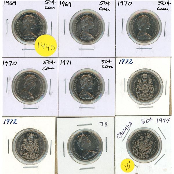 (2) 1969, (2) 1970, 1971, (2) 1972, 1973, 1974 Canadian Fifty Cents.