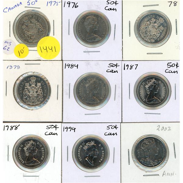 1975, 1976, 1978, 1979, 1984, 1987, 1988, 194, 2002 Canadian Fifty Cents.