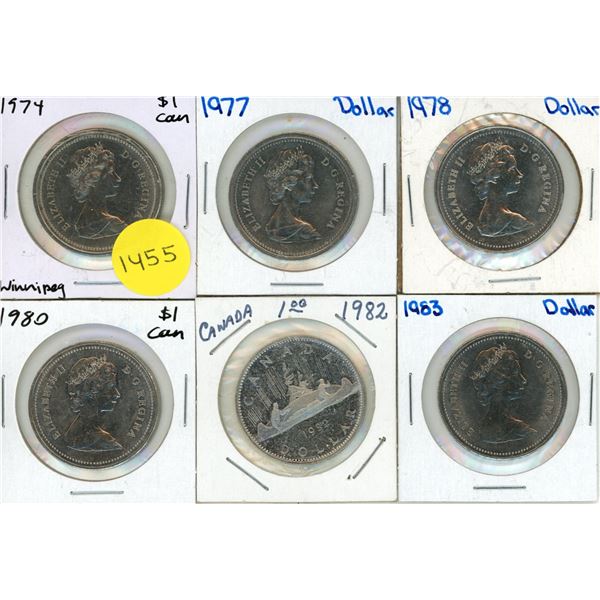 1974, 1977, 1978, 1980, 1982, 1983 Canada One Dollars.