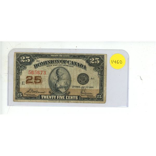 1923 Dominion Of Canada Twenty Five Cent Shinplaster Note