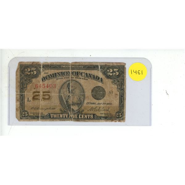 1923 Dominion Of Canada Twenty Five Cent Shinplaster Note