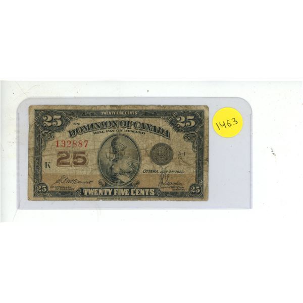 1923 Dominion Of Canada Twenty Five Cent Shinplaster Note