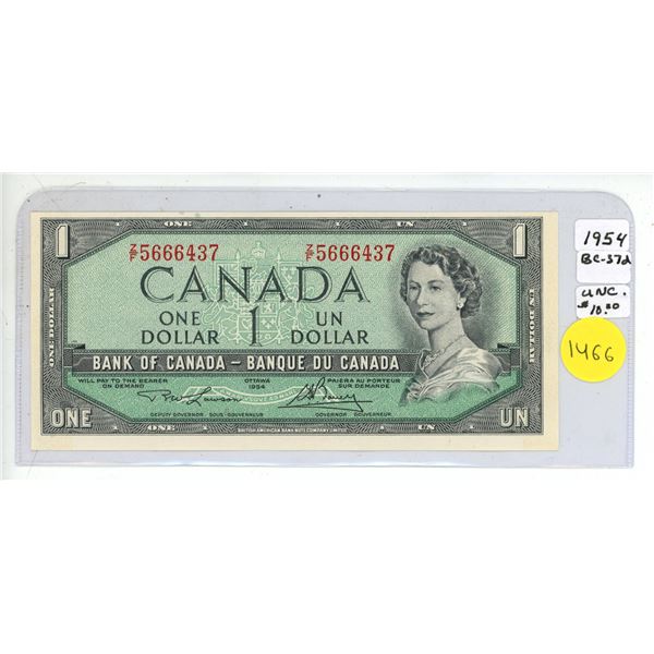 1954 UNC Bank Of Canada One Dollar Note