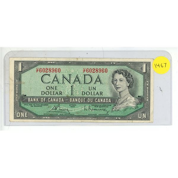 1954 Bank Of Canada One Dollar Note