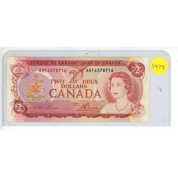 1974 Bank Of Canada Two Dollar Note