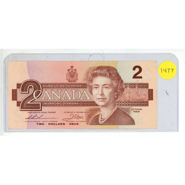 1986 UNC Bank Of Canada Two Dollar Note
