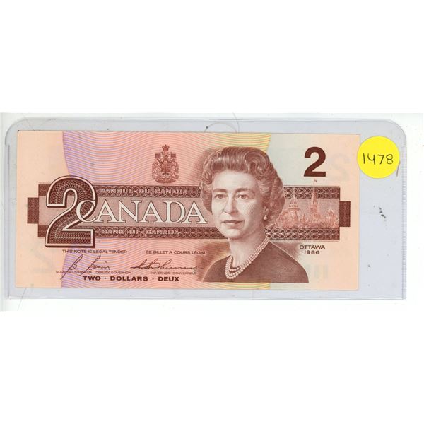 1986 UNC Bank Of Canada Two Dollar Note