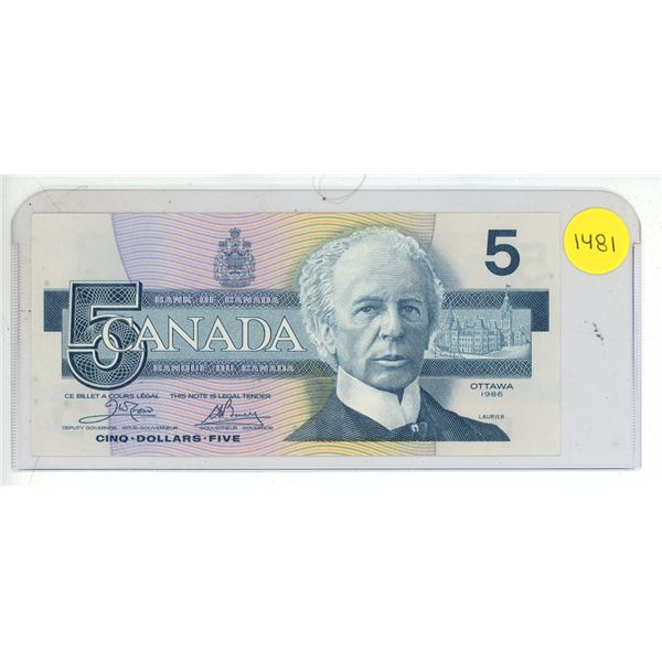 1986 UNC Bank Of Canada Five Dollar Note
