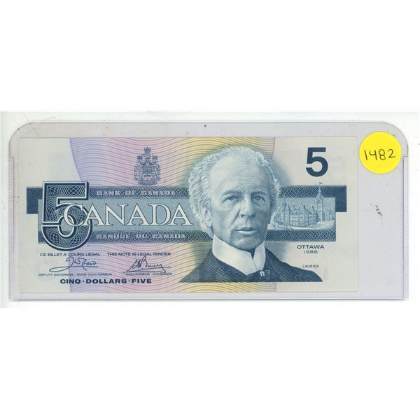 1986 UNC Bank Of Canada Five Dollar Note