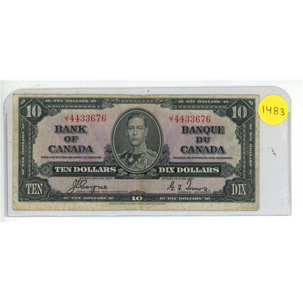 1937 Bank Of Canada Ten Dollar Note