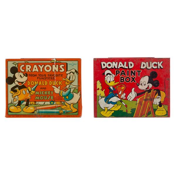 A Pair of Donald & Mickey Paint Set and Crayon Boxes.