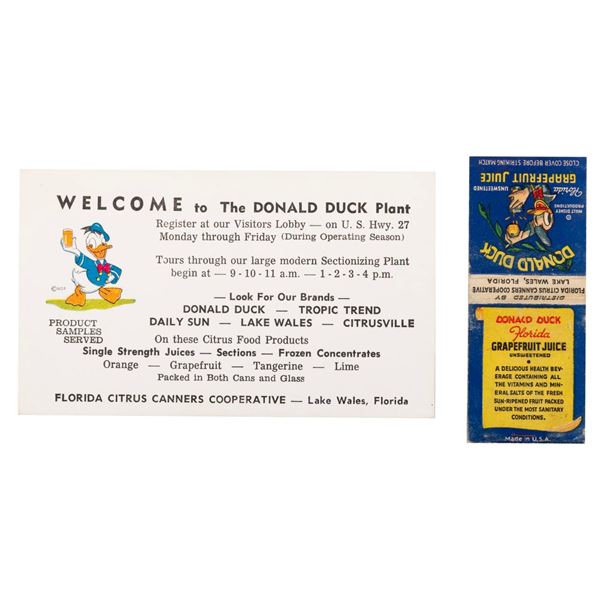 A Donald Duck Juice Plant Visitor Card and Matchbook.