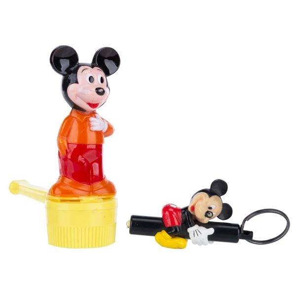A Mickey Mouse Bubble Toy and Mini Flashlight.