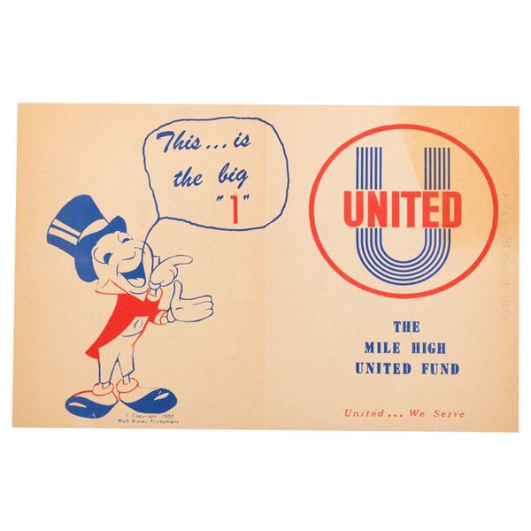 A 1957 Jiminy Cricket Mile High United Fund Flier.
