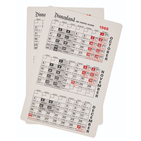 A 1966-1967 Disneyland Park Operating Calendar.