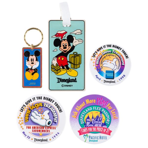 A Collection of Disneyland Buttons, Keychain, and Luggage Tag.
