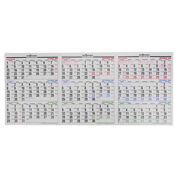 A Walt Disney World 1990 Operating Calendar.