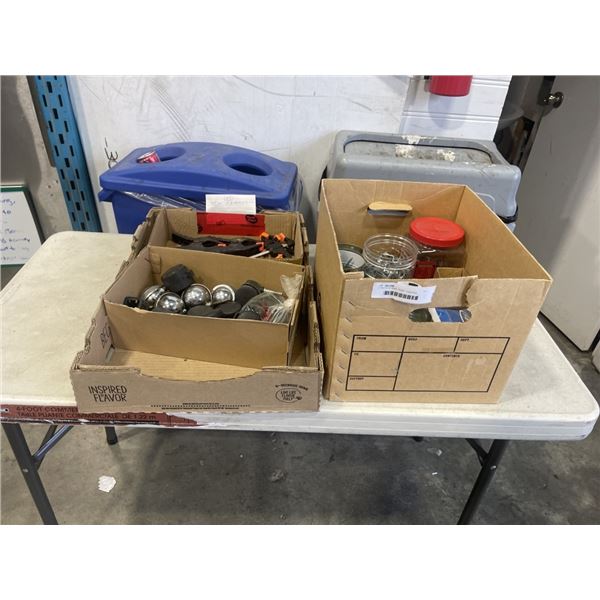 2 TRAYS OF MISC ITEMS - CASTERS, CLAMPS, SCREWS, BOLTS, ETC