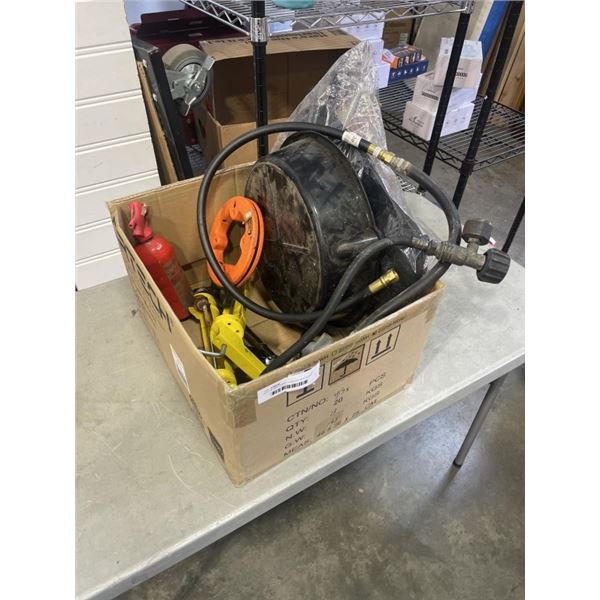 BOX OF MISC ITEMS - FIRE EXTINGUISHER, HOSE, DRY PAN, ETC