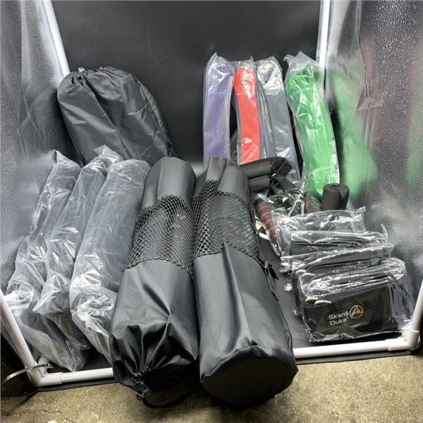 TWO SETS OF HEAVY DUTY RESISTANCE BANDS, SIX LUMBAR VELCRO ADJUST SUPPORT BELTS, FOUR PAIRS OF ANKLE