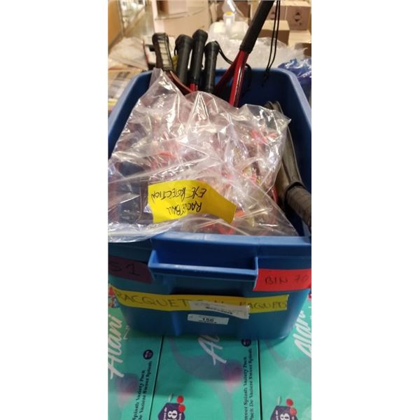 BOX OF SQUASH RACKETS AND SPORTING GOODS