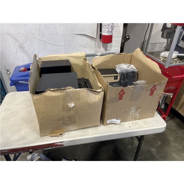 2 BOXES OF SPEAKERS, ETC