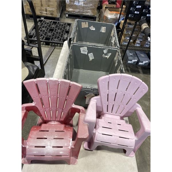 2 GREY STORAGE TOTES AND 2 PLASTIC KKIDS LAWN CHAIRS