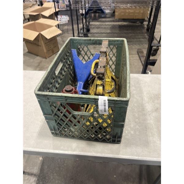 CRATE WITH JACK STANDS, BOTTLE JACK ETC