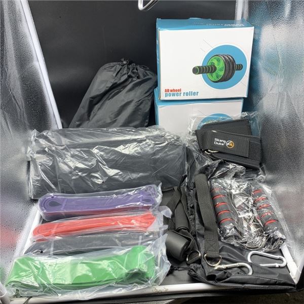 NEW EXERCISE LOT TWO SETS OF HEAVY DUTY RESISTANCE BANDS, FOUR NEW LUMBAR VELCRO ADJUST BELTS, FOUR 