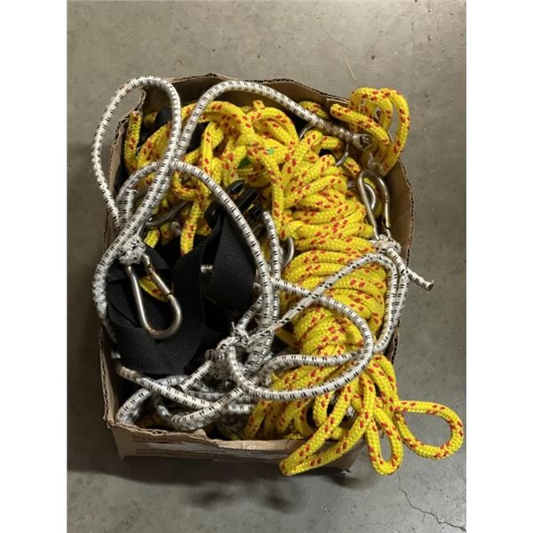 BOX OF BUNGEE TIE DOWNS ROPE AND CARABINERS
