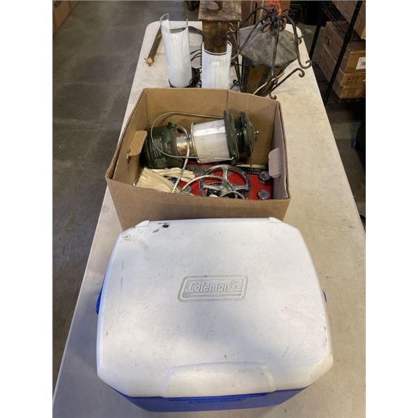 COLEMAN COOLER AND 2 BOXES OF VINTAGE ITEMS
