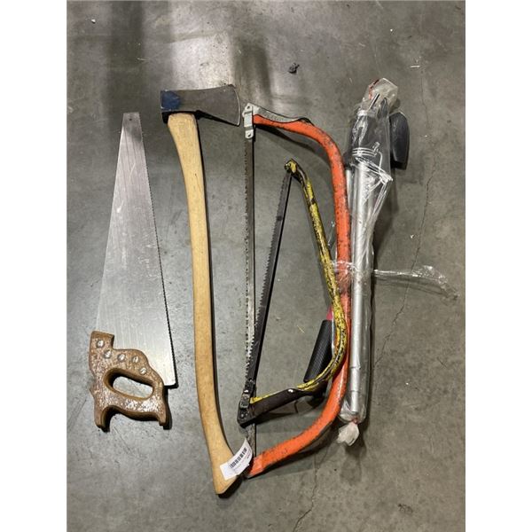 ASSORTED SAWS, AXE, TRIPOD ETC