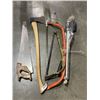 Image 1 : ASSORTED SAWS, AXE, TRIPOD ETC