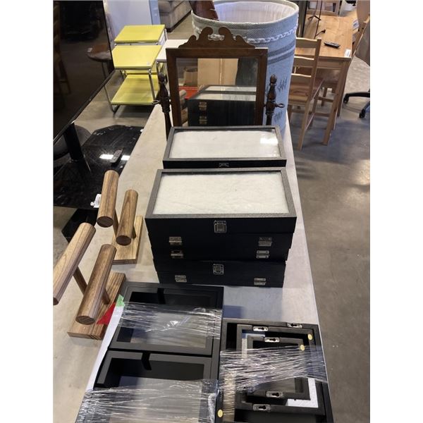 LOT OF HOUSE HOLD ITEMS - JEWELLERY CASES, LAUNDRY HAMPER, MIRROR, ETC