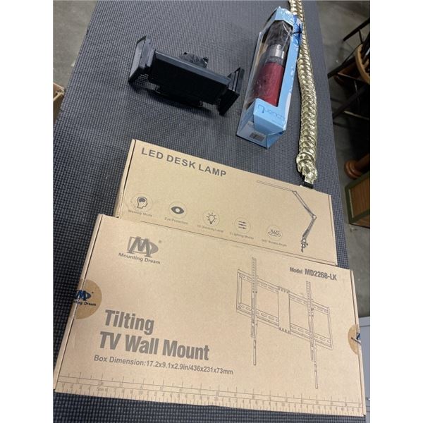 BOX OF NEW LED DESK LAMP TILTING TV WALL MOUNT QUENCH THERMAL BOTTLE AND MORE