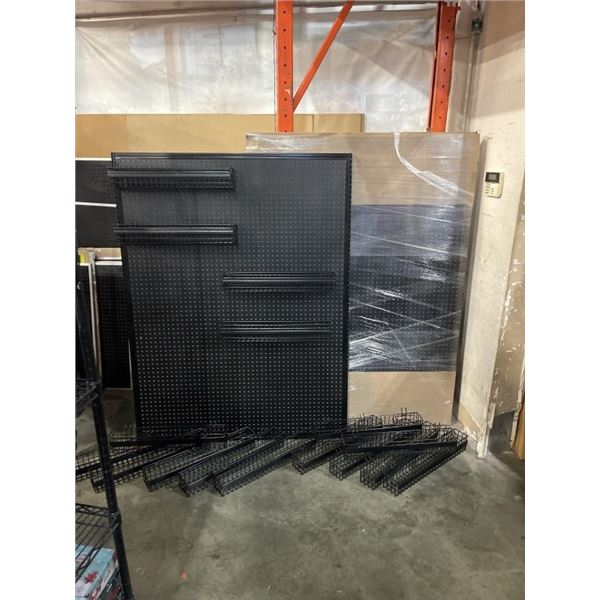 2 NEW METAL FRAMED 48 X 64 BLACK PEGBOARD PANELS, WITH 16 PEGBOARD BASKETS, AND BOX OF PEGS