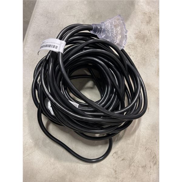 AS NEW 75FT INDOOR OUTDOOR HEAVY DUTY LIGHTED 3 WIRE EXTENSION CORD TRIPLE PLUG, 12 AWG, BLACK