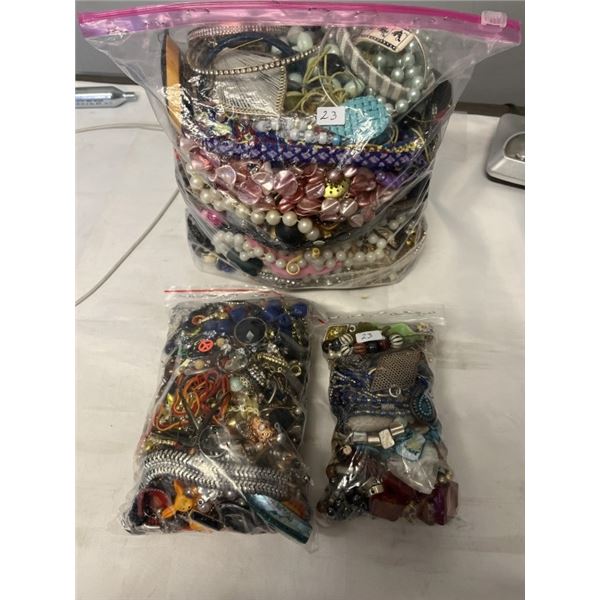 3 BAGS OF MISC JEWELRY, BEADS, PARTS AND SOME WATCHES