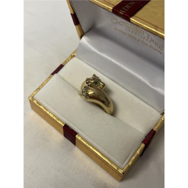 GOLD 2 PANTHER HEADS RING MARKED BCBG MAX AZRIA, SIZE 7.5