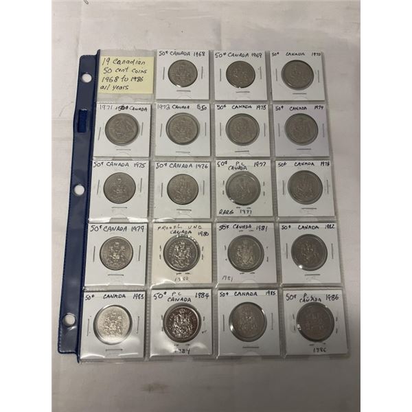19 CANADIAN 50 CENT COINS 1968-1986 ALL YEARS