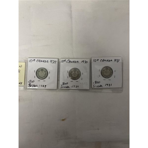 3 CANADIAN KING GOERGE V LOW MINTAGE SILVER 10 CENT 1929-31 .800 SILVER