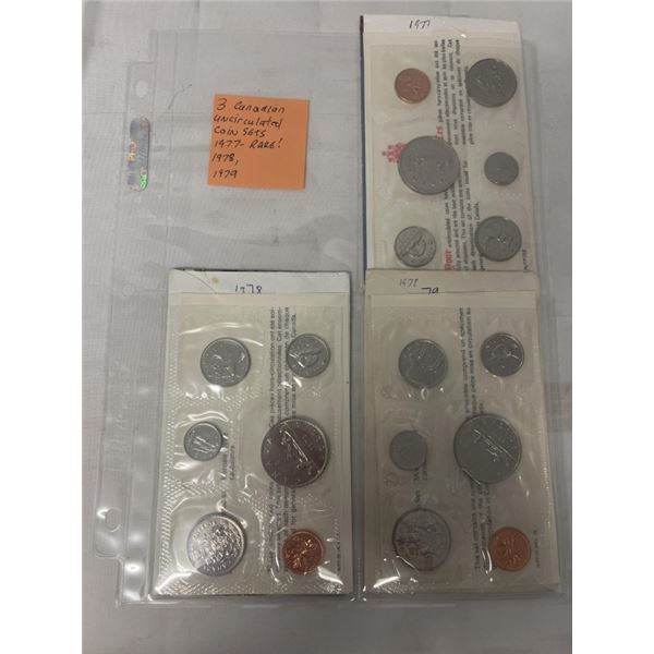 3 CANADIAN UNCIRCULATED COIN SETS 1977 (RARE), 1978, 1979