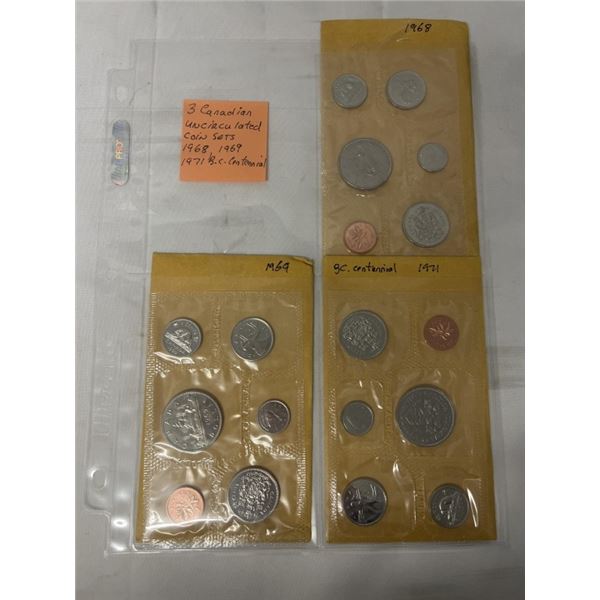 3 CANADIAN UNCIRCULATED COIN SETS 1968, 1969, 1971 BC CENTENNIAL