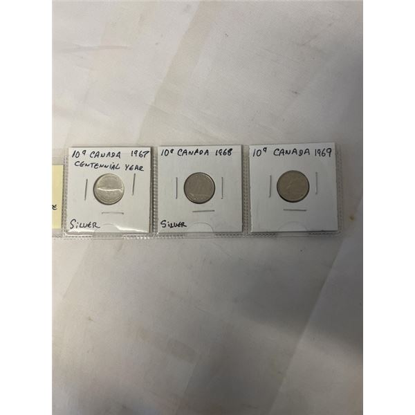 3 CANADIAN SILVER DIMES 1967 CENTENNIAL SILVER DIMES, 1968 LAST SILVER DIME, 1969 FIRST NON SILVER D