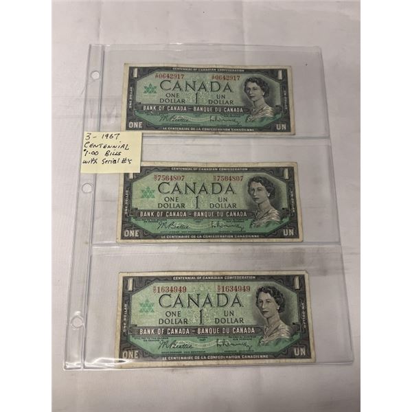 3 1967 CENTENNIAL $1 BILLS W/ SERIAL NUMBERS