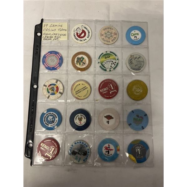 19 CAMING CASINO TOKENS - RENO, LAS VEGAS, CAESARS, BILLY BANKER ETC